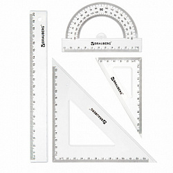 Набор чертежный BRAUBERG (линейка 20 см, 2 треугольника, транспортир), прозрачный, 210853