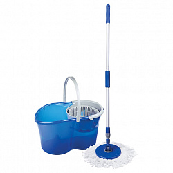 Швабра с отжимом и ведром 14л/5л, отжим центрифуга / рукоятка, 2 круглые насадки, крепление кольцо, синий, LAIMA, 601460