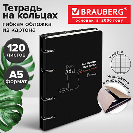 Тетрадь на кольцах А5 160х212 мм, 120 листов, картон, матовая ламинация, клетка, BRAUBERG, "Просто Кот", 404723
