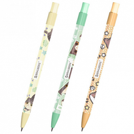 Карандаш механический цанговый 2 мм, с принтом кросс-серия МИЛЫЕ КОТЫ, BRAUBERG, HB, встроенная точилка, корпус ассорти, 182108