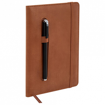 Блокнот А5 148x218 мм BRAUBERG "Optimal", под кожу, 80 листов, резинка, держатель для ручки, клетка, коричневый, 118637