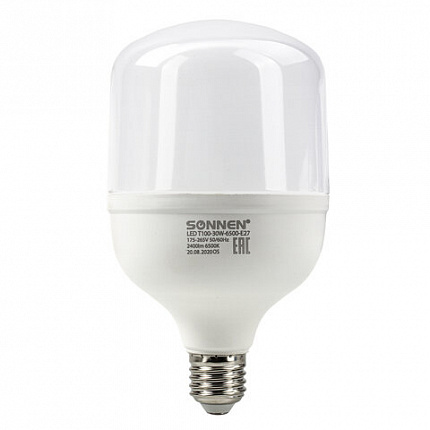 Лампа светодиодная SONNEN, 30 (250) Вт, цоколь Е27, цилиндр, холодный белый, 30000 ч, LED Т100-30W-6500-E27, 454924