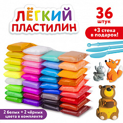 Пластилин супер лёгкий воздушный 36 шт. (32 цвета + 2 белых + 2 черных), 360 г, 3 стека, ЮНЛАНДИЯ, 105908