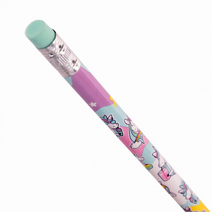 Карандаш чернографитный ЮНЛАНДИЯ "ЕДИНОРОГИ", 1 шт., HB, с ластиком, корпус ассорти, 181780