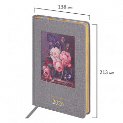 Ежедневник датированный 2026 А5 138х213 мм, BRAUBERG "ArtGallery", под кожу, нашивка, серый, 117406