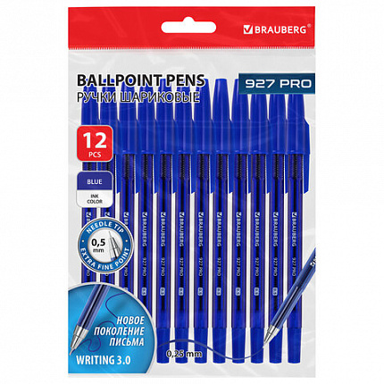 Ручки шариковые BRAUBERG 927 PRO "WRITING 3.0", КОМПЛЕКТ 12 ШТ., СИНИЕ, пишущий узел 0,5 мм, линия письма 0,25 мм, 144338