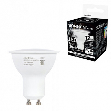 Лампа светодиодная SONNEN EXTRA, 12 (110) Вт, GU10, софит, нейтральный белый, 30000 ч, LED MR16-GU10-12W-4000, 457927