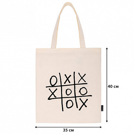 Сумка шоппер BRAUBERG PREMIUM, канвас, 40х35 см, на кнопке, карман, бежевый, "Tic-tac-toe", 271902
