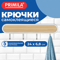 Крючки самоклеящиеся 24х6,8см, 4шт на планке, пластик+металл, цвет под дерево, PRIMILA, 702362