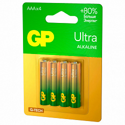 Батарейки КОМПЛЕКТ 4 шт., GP Ultra G-Tech, AAA (LR03, 24А), алкалиновые, мизинчиковые, 24AUA21-2CRSBC4