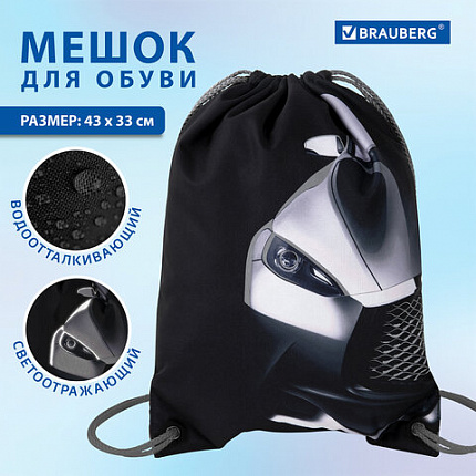 Мешок для обуви BRAUBERG PREMIUM, карман, подкладка, светоотражайка, 43х33 см, "Black car", 271623