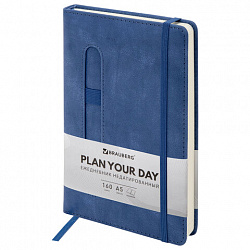 Ежедневник недатированный А5 148x218 мм BRAUBERG "Optimal", под кожу, резинка, держатель для ручки, синий, 118639