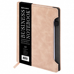 Блокнот А5 165x218 мм, BRAUBERG "Perfect", под кожу софт-тач, держатель для ручки, 80 листов, клетка, бежевый, 116617