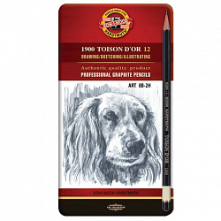 Карандаши чернографитные KOH-I-NOOR "Toison D'or", НАБОР 12 шт., 8B-2H, металлическая коробка, 1912012001PL, 1912012001PLRU