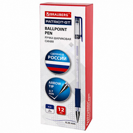 Ручка шариковая РОССИЯ "PATRIOT-GT", СИНЯЯ, корпус прозрачный, 0,7 мм, линия письма 0,35 мм, BRAUBERG, 143961