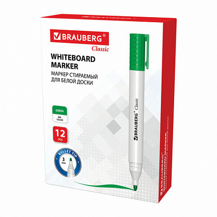 Маркер стираемый для белой доски ЗЕЛЕНЫЙ, BRAUBERG "CLASSIC", 3 мм, с клипом, 152116
