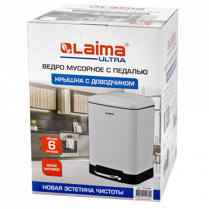 Ведро мусорное с педалью 6 л, крышка с доводчиком, белое матовое, металл, LAIMA ULTRA, 701569