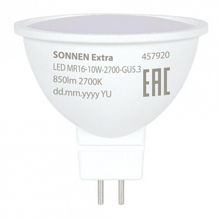 Лампа светодиодная SONNEN EXTRA, 10 (90) Вт, GU5.3, теплый белый, 30000 ч, LED MR16-GU5.3-10W-2700, 457920
