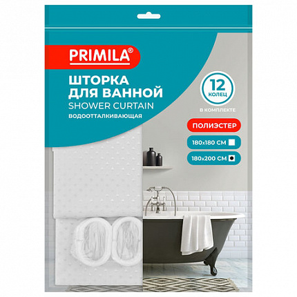 Шторка для ванной ПОЛИЭСТЕР, 180х200 см, кольца в комплекте, БЕЛЫЙ БРИЛЛИАНТ, PRIMILA (ПРИМИЛА), 700093