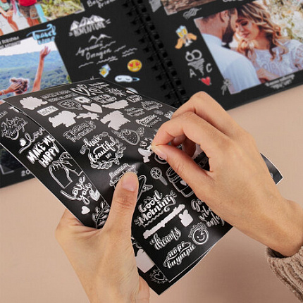 Фотоальбом "Счастье - это моменты" 24 чёрных листа 22x30, уголки, стикеры, ручка, клей, BRAUBERG, 391310