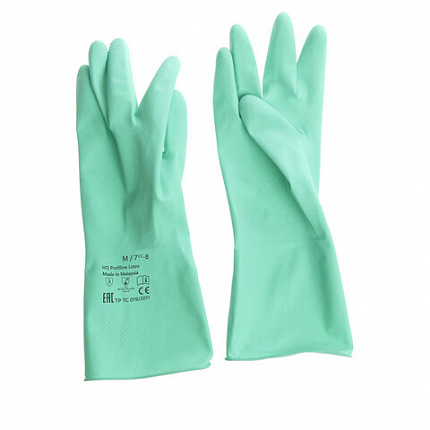 Перчатки латексные КЩС, сверхпрочные, плотные, хлопковое напыление, размер 7,5-8, M (средний), зеленые, HQ Profiline, 73583