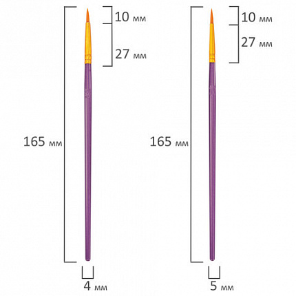 Кисти набор 10 шт., синтетика, фиолетовые, № 2/0-8 (Круглые; Овальные; Плоские; Лайнеры), WBZ, 201086