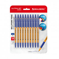 Ручки шариковые с грипом BRAUBERG "ULTRA GT ORANGE", НАБОР 10 ШТУК, СИНИЕ, 0,35 мм, блистер, 144057