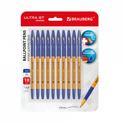 Ручки шариковые с грипом BRAUBERG "ULTRA GT ORANGE", НАБОР 10 ШТУК, СИНИЕ, 0,35 мм, блистер, 144057