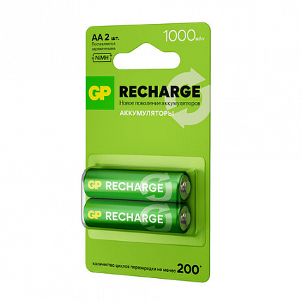 Батарейки аккумуляторные GP ReCharge Ni-Mh пальчиковые КОМПЛЕКТ 2 шт., АА (HR6) 1000 mAh, 100AAHCV, 100AAHCV-2CRSB