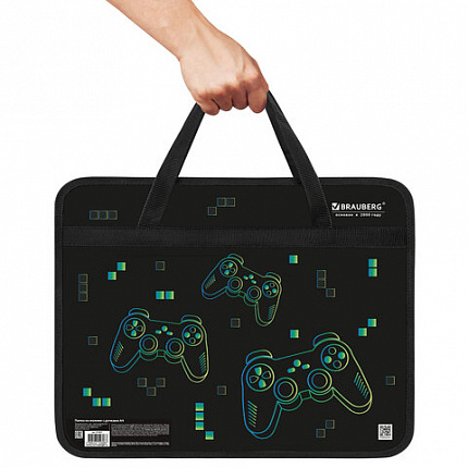 Папка на молнии с ручками BRAUBERG А4, 1 отделение, пластик, 80 мм, "Pixel gamepad", 274497