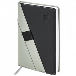 Ежедневник датированный 2026, А5, 138х213 мм, BRAUBERG "Swirl", под кожу, держатель для ручки, серый, 117482