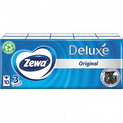 Платочки бумажные носовые ZEWA Deluxe 3-слойные, СПАЙКА 10 пачек по 10 шт., 21х21 см, 51174