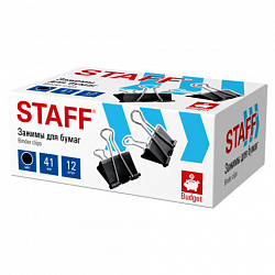 Зажимы для бумаг STAFF ECO, КОМПЛЕКТ 12 шт., 41 мм, 200 листов, черные, картонная коробка, 274034