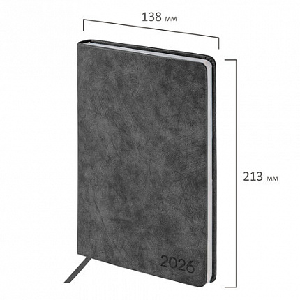 Ежедневник датированный 2026 А5 138х213 мм, BRAUBERG "Ice", под кожу, черный, 117393