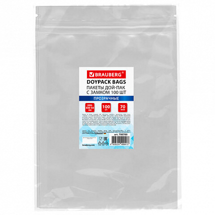 Пакеты дой-пак с замком ZIP LOCK, прозрачные, 200х300 + 50 мм, КОМПЛЕКТ 100 штук, 70 мкм, BRAUBERG, 700700