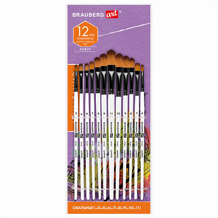 Кисти художественные набор 12 шт, синтетика, овальные № 1-12, BRAUBERG ART DEBUT, КОД