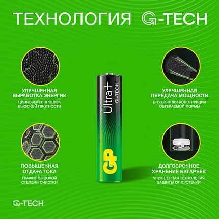 Батарейки КОМПЛЕКТ 8 шт., GP Ultra Plus G-Tech, AAA (LR03), алкалиновые, мизинчиковые, 24AUPA21-2CRB8