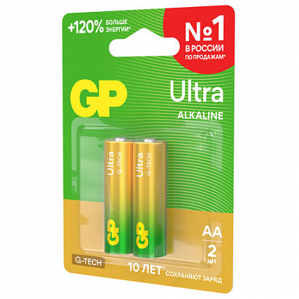 Батарейки КОМПЛЕКТ 2 шт., GP Ultra G-Tech, AA (LR6,15А), алкалиновые, пальчиковые, 15AUA21-2CRSBC2