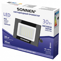 Прожектор светодиодный 30 Вт, 6500 К, 2400 Лм, 30 м2, IP65, 146x98x26 мм, черный, SONNEN, 238413