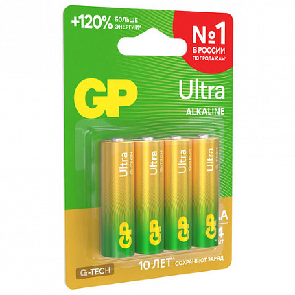 Батарейки КОМПЛЕКТ 4 шт., GP Ultra G-Tech, AA (LR6, 15А), алкалиновые, пальчиковые, 15AUA21-2CRSBC4