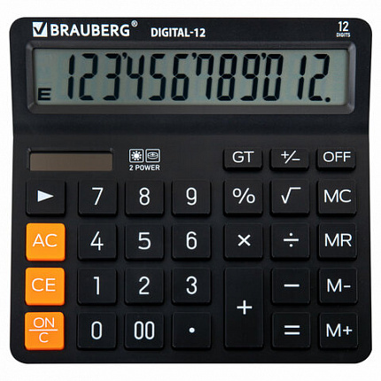 Калькулятор настольный BRAUBERG DIGITAL-12-BK (151х152 мм), 12 разрядов, двойное питание, ЧЕРНЫЙ, 272968