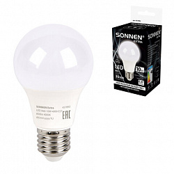 Лампа светодиодная SONNEN EXTRA, 10 (85) Вт, Е27, груша, нейтральный белый, 30000 ч, LED A60-10W-4000-Е27, 457892