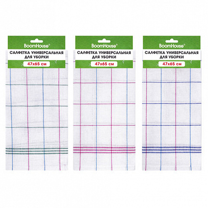Салфетка универсальная, ХЛОПОК, 47х65 см, белая клетка, легкий цветной контур, ассорти, BOOMHOUSE (БУМХАУС), 700886