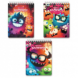 Блокнот МАЛЫЙ ФОРМАТ А6 97х145мм, 60л, гребень, картон, клетка, BRAUBERG МОНСТРИКИ, 116997