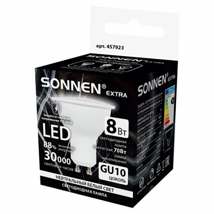 Лампа светодиодная SONNEN EXTRA, 8 (70) Вт, GU10, нейтральный белый, 30000 ч, LED MR16-GU10-8W-4000, 457923