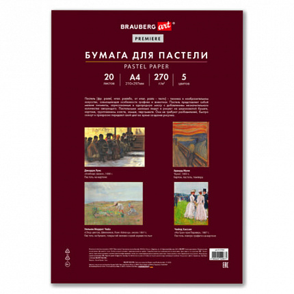 Бумага для пастели ФАКТУРНАЯ А4 в папке, 20 листов 5 цветов, 270 г/м2, BRAUBERG ART,, 117755