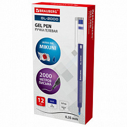 Ручка гелевая BRAUBERG "GL-2000", СИНЯЯ, японские чернила, длина письма 2000 метров, линия письма 0,35 мм, 144218