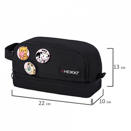 Пенал-органайзер HEIKKI (ХЕЙКИ) с ручкой, значки, 2 отделения, откидная планка, 22x13х10 см, черный, 273599