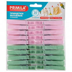 Прищепки бельевые 7,4 см, КОМПЛЕКТ 20 штук, пластик, ассорти, PRIMILA (ПРИМИЛА) STANDARD, 700517