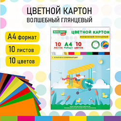 Картон цветной А4 МЕЛОВАННЫЙ ВОЛШЕБНЫЙ, 10 листов, 10 цветов, в папке, BRAUBERG KIDS, 200х290 мм, "Лисенок-пилот", 115157